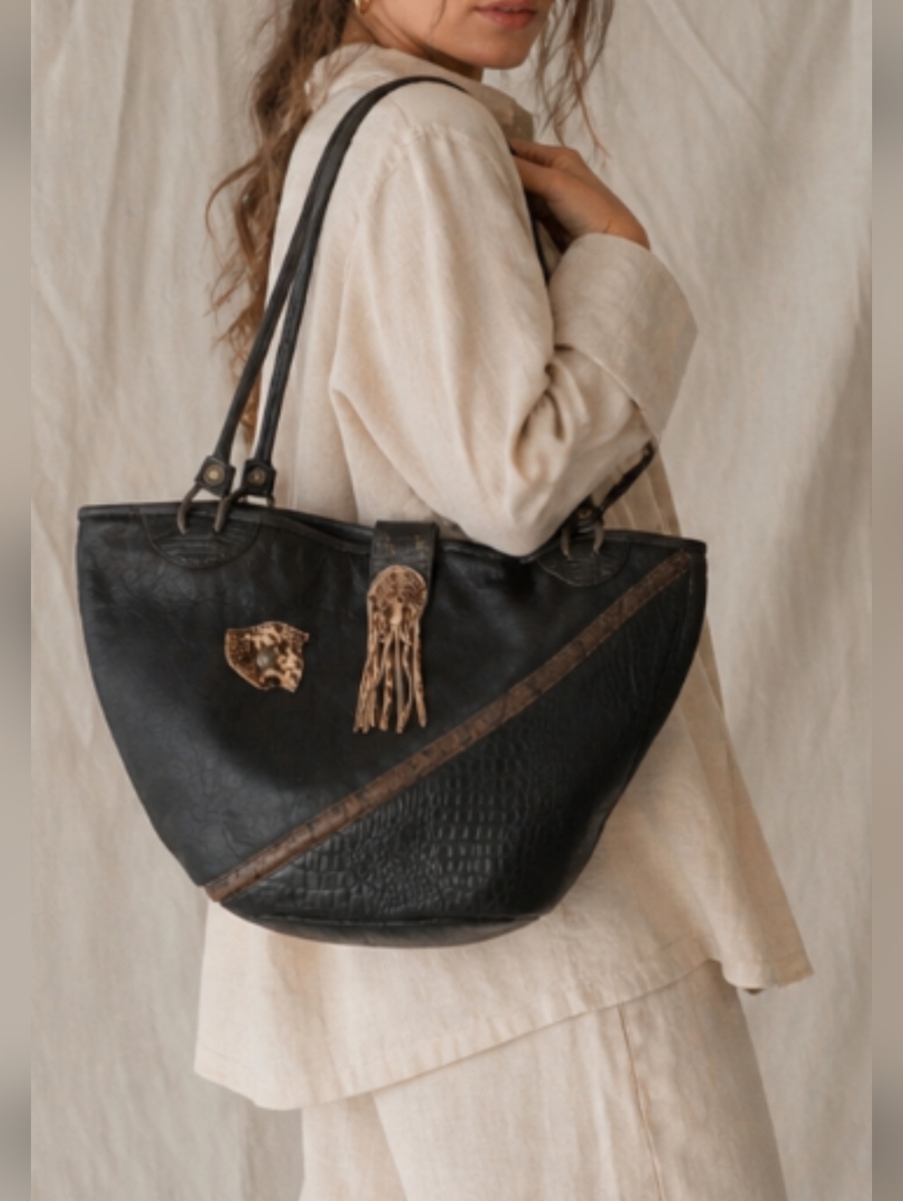 Vintage Fiocchi Black Leather Tote — Timeless Statement Piece